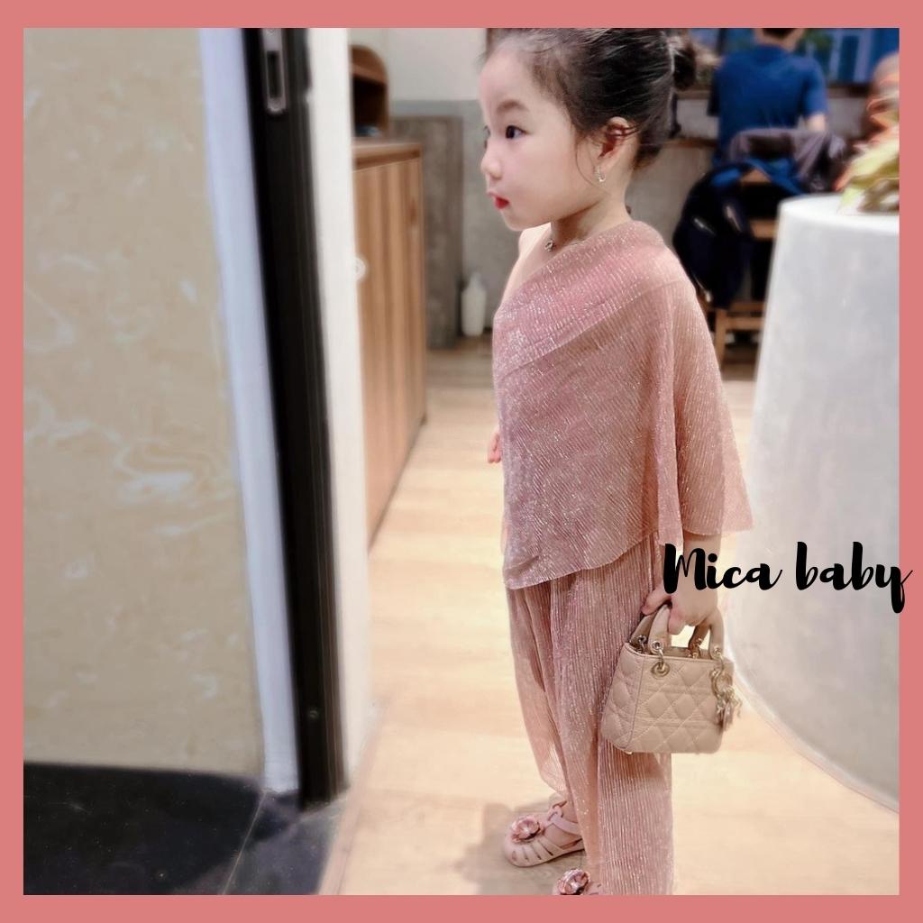 Set quần áo trễ vai vải kim tuyến dập ly cao cấp cho bé Mica baby QA20