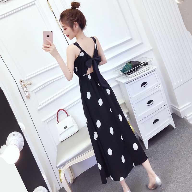 Đầm Công Chúa Hai Dây Tay Phồng Họa Tiết Chấm Bi Phong Cách Pháp