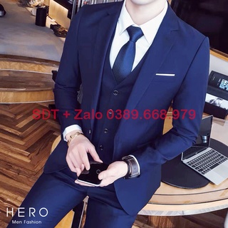 Bộ vest comple nam mặc cưới màu xanh lân, bộ suit nam hàn quốc vải sịn