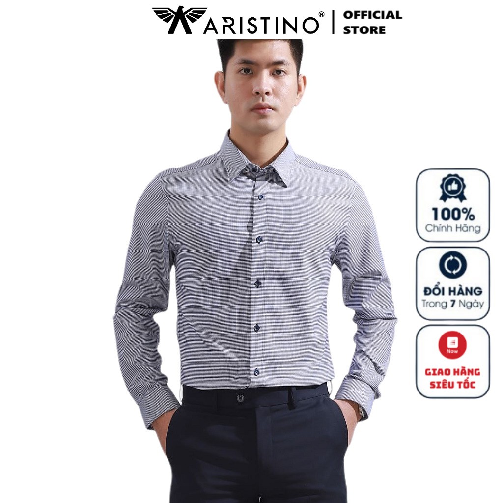 Áo Sơ Mi Nam Tay Dài Aristino ALS15108 Màu Họa Tiết Dệt Đen Trắng Kiểu Dáng Regular Fit Chất Liệu Sợi Sồi