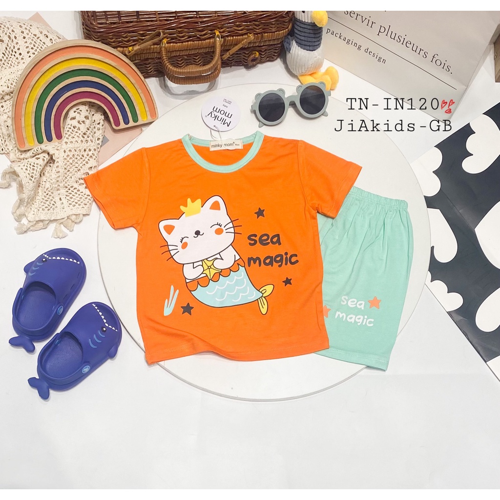 Bộ Ngắn Tay THUN LẠNH MINKY MOM In Hình Động Vật Phối Màu Áo Quần Cho Bé TN-IN120