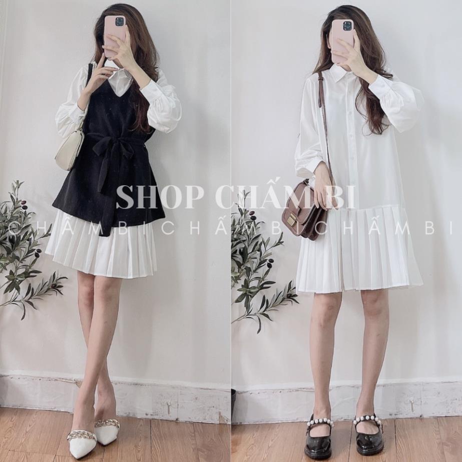 Set váy nữ tiểu thư V.090, Set váy sơ mi trắng dáng dài xếp ly chân và yếm đen cổ V thắt nơ eo cực xinh