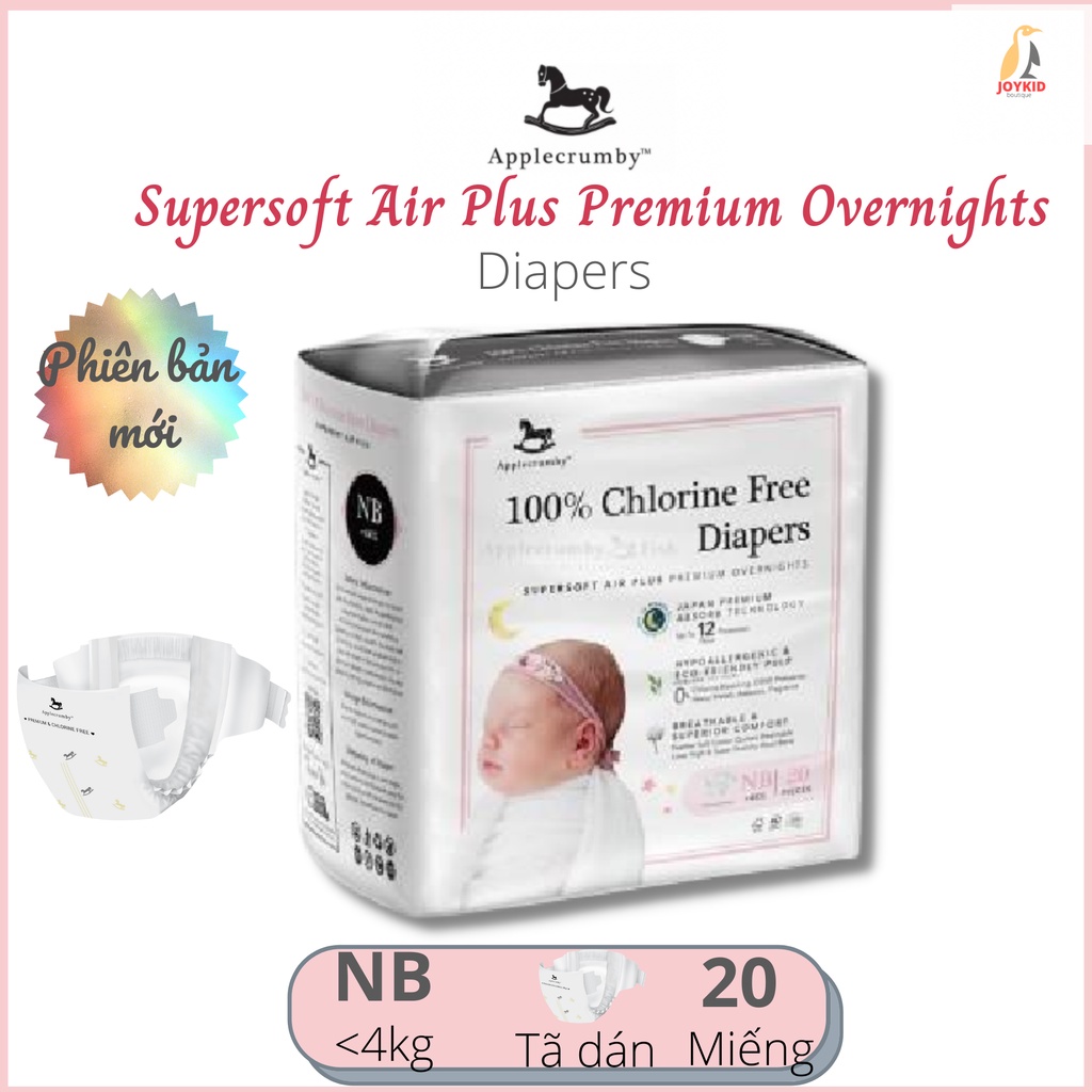 [Bản mới] Tã/bỉm dán Applecrumby Supersoft Air Plus Premium Overnights Tape Diapers sơ sinh NB20