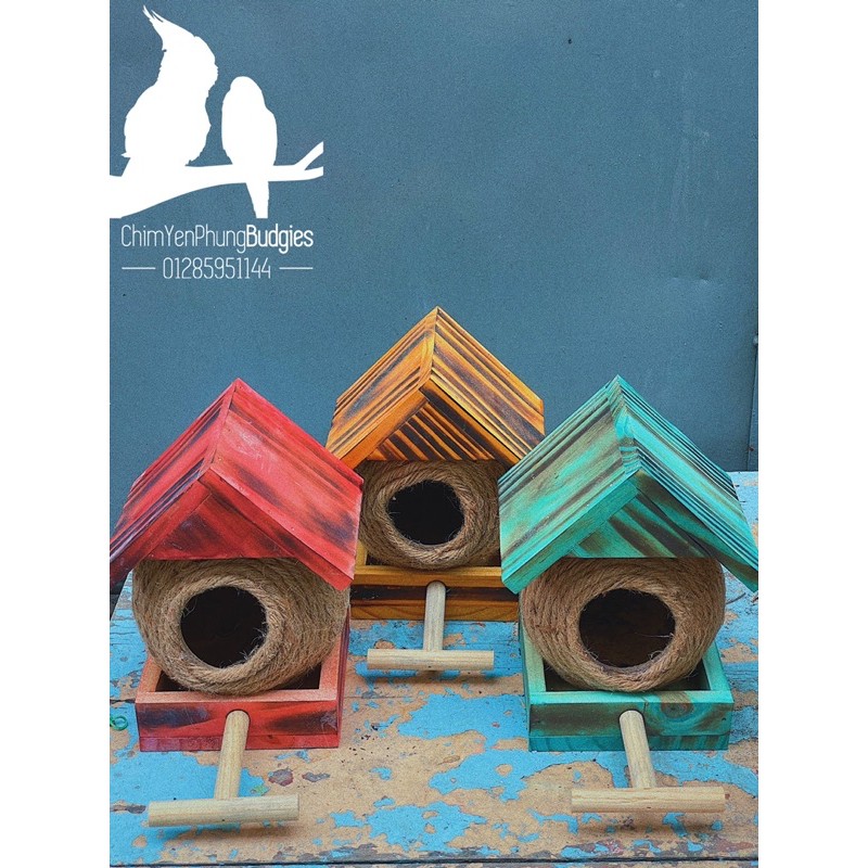 TỔ CHIM dành cho CHIM CẢNH NHỎ, (gáo dừa lộng mái nhà gỗ)