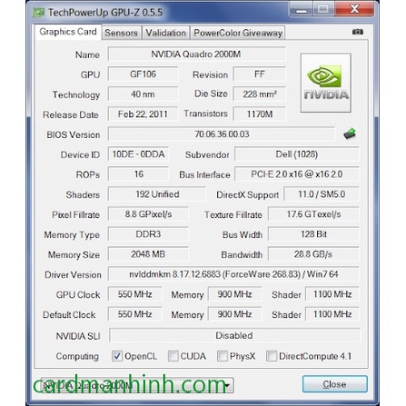 CARD MÀN HÌNH NVIDA QUADRO 2000M  2GB DDR3 128BIT DP/N 0PMY8Y HỖ TRỢ TRÊN CÁC DÒNG LAPTOP DELL PRECISION VÀ HP