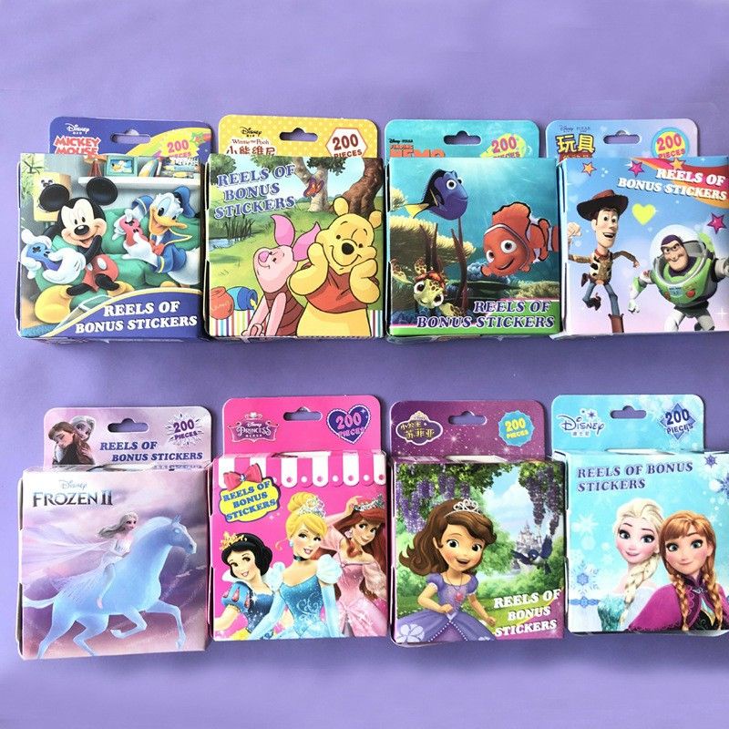 Cuộn 200 hình dán giải trí cho bé trai bé gái nhân vật hoạt hình Gấu, Công Chúa, Nữ Hoàng Băng Giá