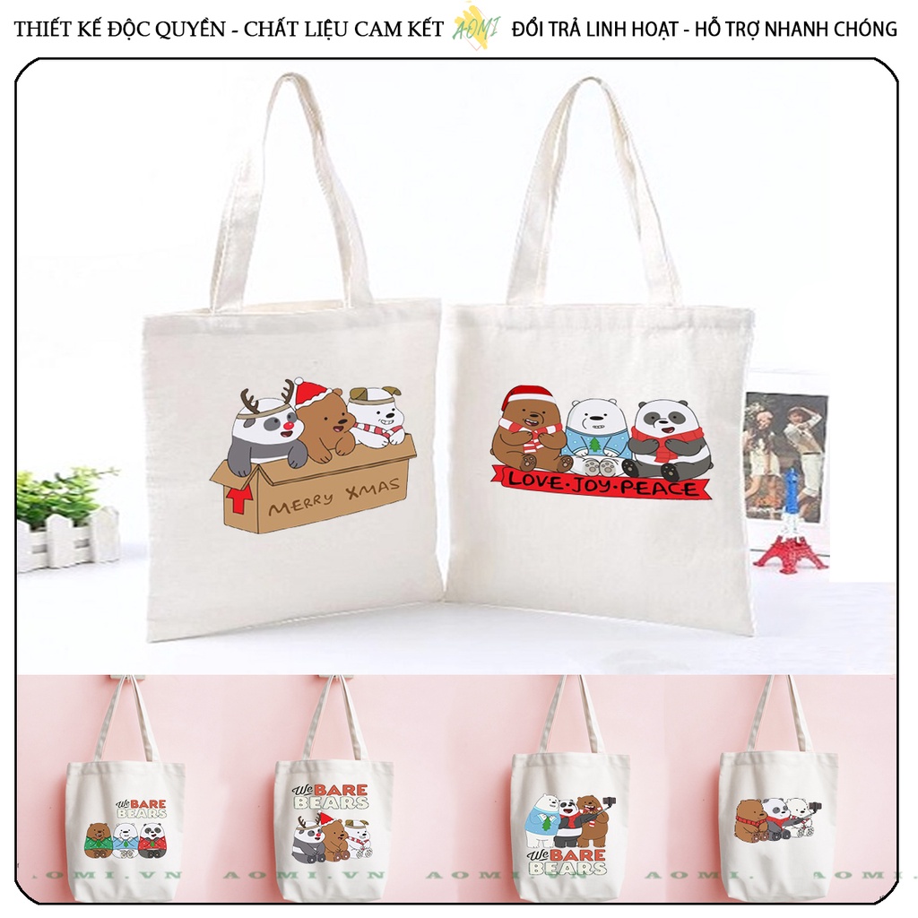 TOTE CANVAS Kawaii 3 chú gấu we are bear TÚI VẢI ĐEO VAI BAG CÓ KHÓA KÉO SIZE LỚN 33x38cm AOMIVN DU LỊCH DẠO PHỐ AOMI