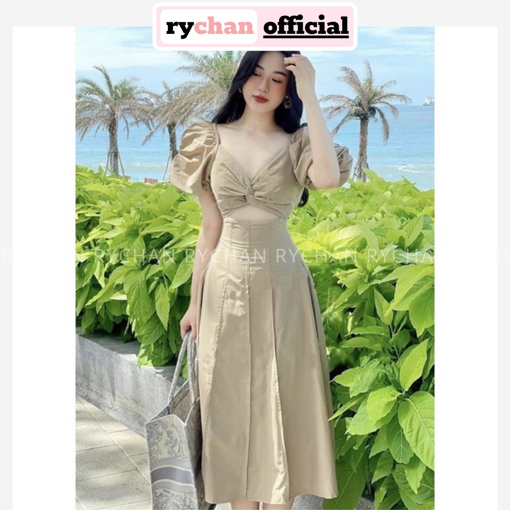 Đầm Váy Nữ Đi Biển Xoắn Ngực Hot Hit Dáng Xòe Tay Bồng Ngắn Tôn Dáng Sang Chảnh Màu Kem [ẢNH THẬT CUỐI] - DX9780
