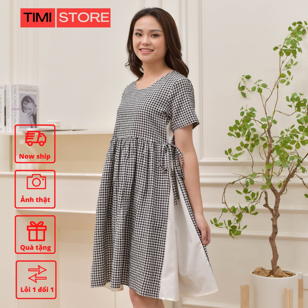Đầm Bầu Thiết Kế-Váy Suông TiMi 2 màu kẻ caro đỏ,đen phối sườn trắng đính nơ chất vải thô cotton mêm size 40-100kg TM023