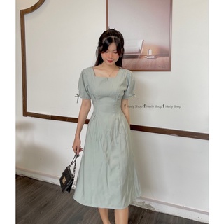 ĐẦM MIDI CỔ U XẾP LY EO TAY BỒNG
