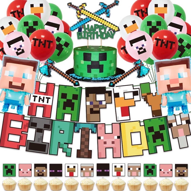 Set Bong Bóng + Que Cắm Trang Trí Bánh Kem Sinh Nhật Chủ Đề Minecraft Cho Bé