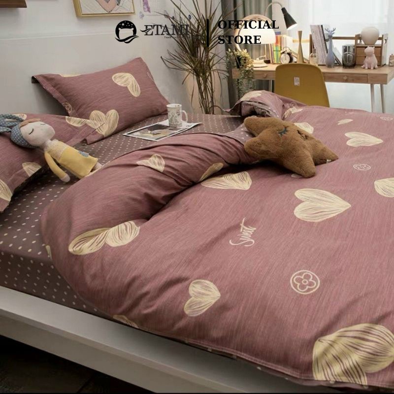 Bộ chăn ga gối  cao cấp ETAMI cotton poly tim vàng xước cute miễn phí bo chun drap giường ga trải giường P18