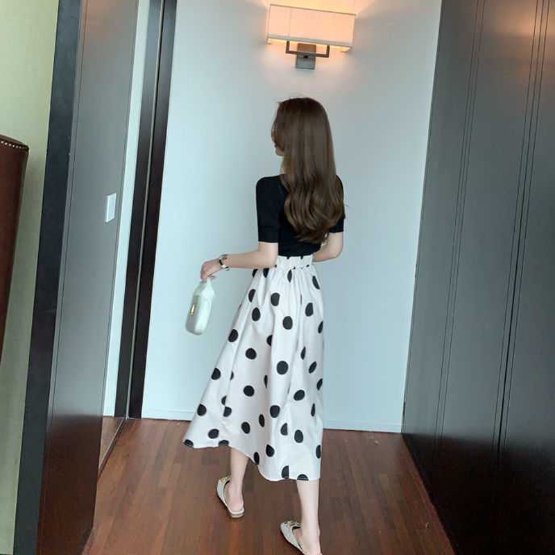 IELGY Bộ Áo + Chân Váy Họa Tiết Chấm Bi Phong Cách Pháp Cổ Điển Chất Lượng Cao Cho Nữ