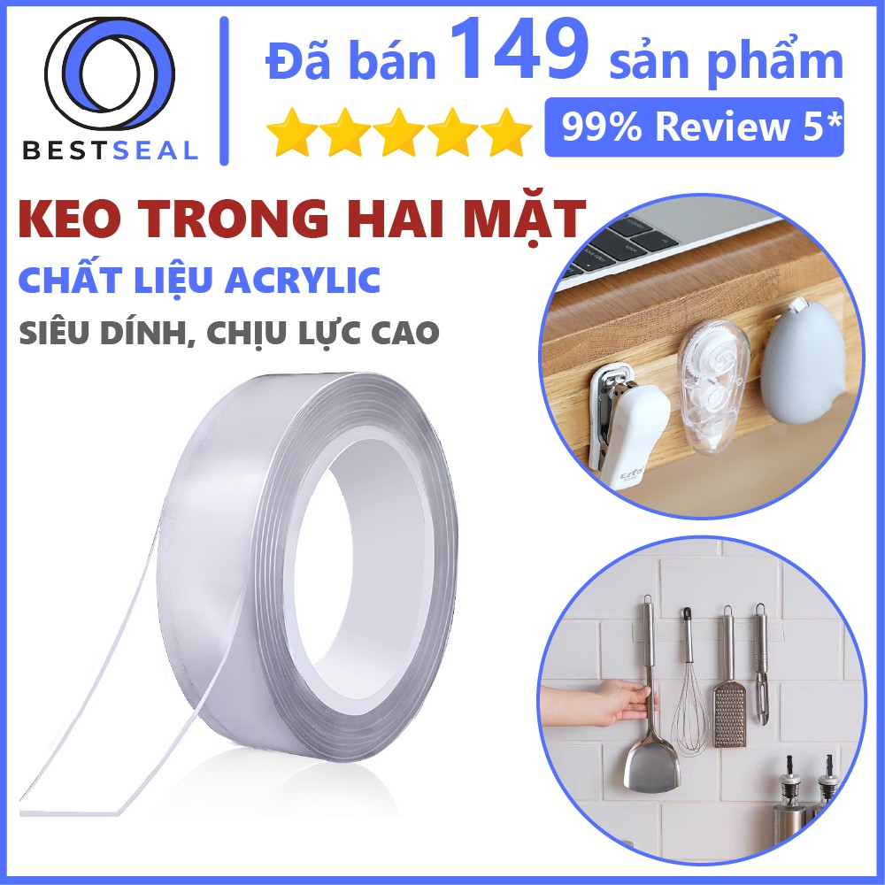 Combo 2 Cuộn Băng Keo 2 Mặt, Miếng Dán Siêu Dính Chống Thấm Nước Trong Suốt Nano 3 Mét Và 5 Mét
