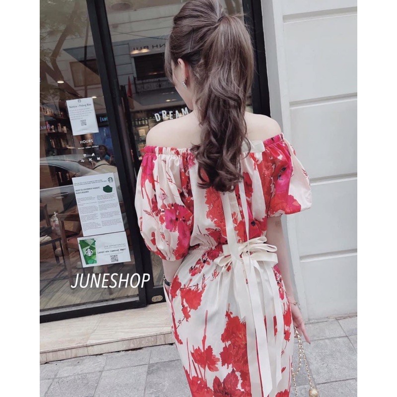 Váy trễ vai hoạ tiết nơ lưng (ảnh thật) | BigBuy360 - bigbuy360.vn