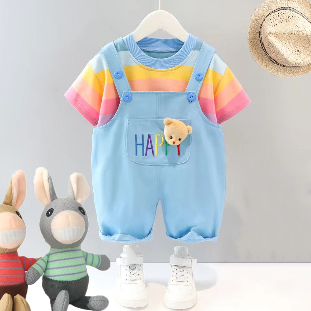 Set Áo Thun Tay Ngắn Cổ Tròn + Quần Short Yếm In Hình Mặt Cười Phối Màu Cầu Vồng Xinh Xắn Thời Trang Mùa Hè Cho Bé Size 80-110cm