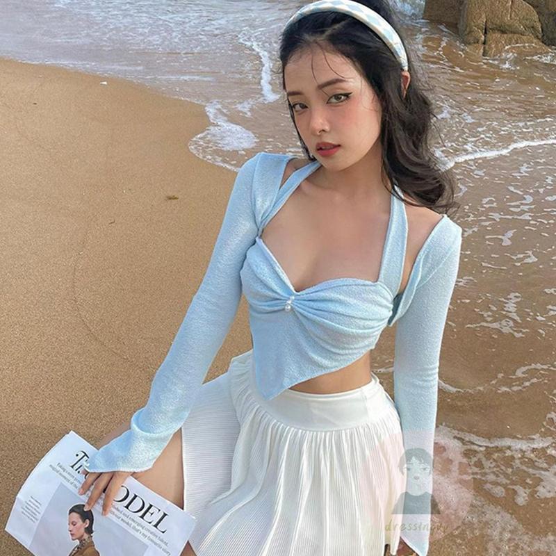 Áo Tank Top Hai Dây Đính Ngọc Trai Giả Thời Trang Mùa Hè Cho Nữ