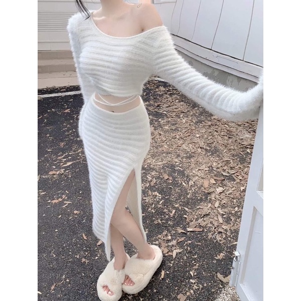 Set len lông thỏ áo croptop thắt dây eo chân váy body dài xẻ đùi