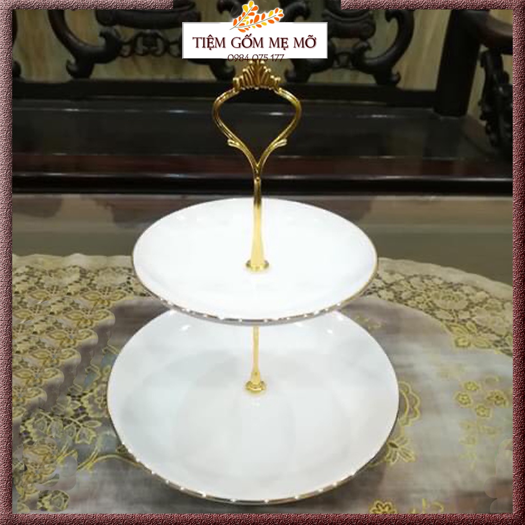 Khay sứ 2 tầng decor trang trí men trắng viền vàng kim đựng hoa quả bánh kẹo - gốm sứ Bát Tràng