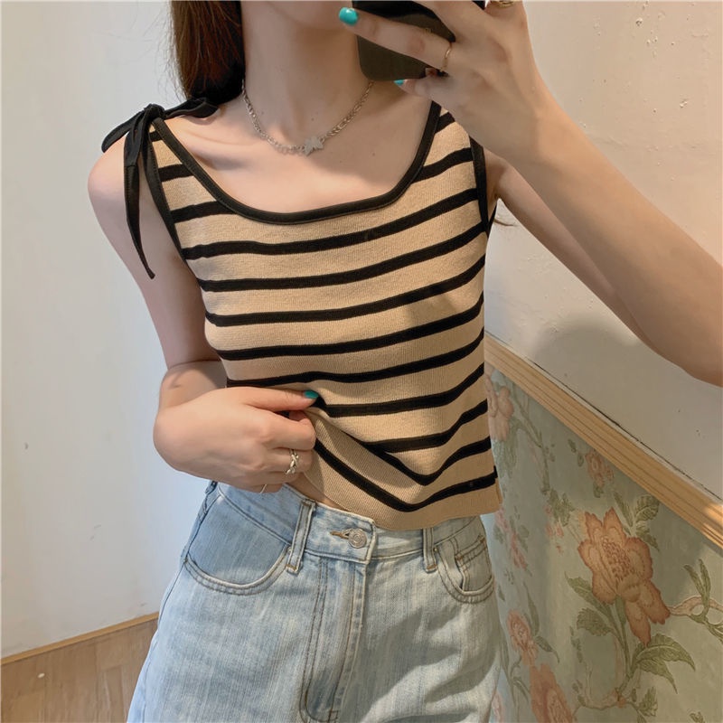 Áo hai dây dệt kim họa tiết kẻ sọc thiết kế mới thời trang mùa hè dành cho nữ