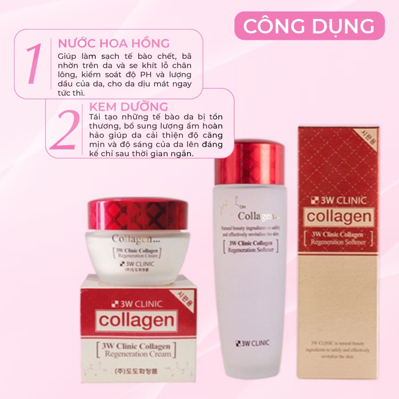 Bộ Skincare dưỡng da săn chắc 3W CLINIC Hàn Quốc chiết xuất từ Collagen dưỡng trắng da dưỡng ẩm [Nước Hoa Hồng+ Kem]