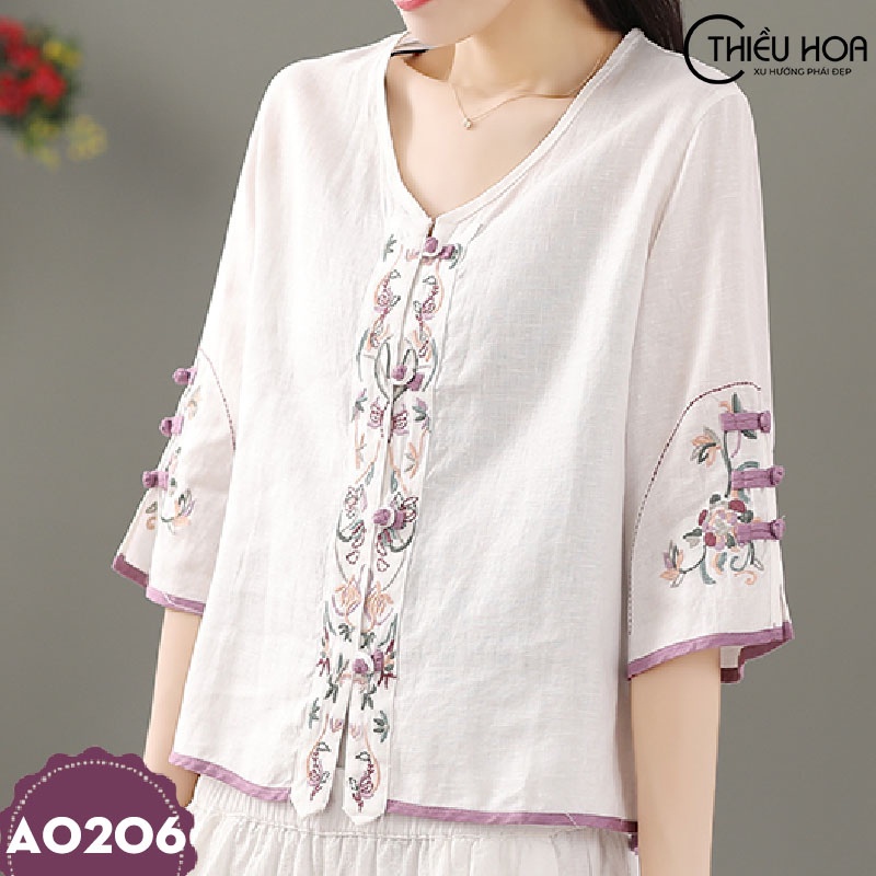 Áo Nữ Trung Niên Chất Linen Thêu thoải mái Thiều Hoa A0206