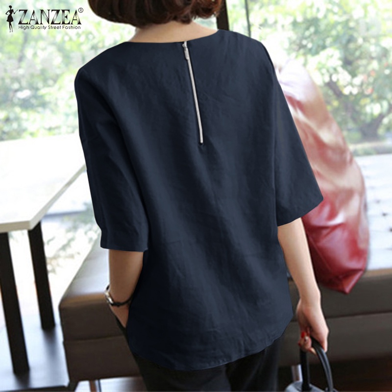 ZANZEA Áo Kiểu Cổ Tròn Tay Lỡ Màu Trơn Dáng Rộng Khóa Kéo Sau Lưng Thời Trang Cho Nữ