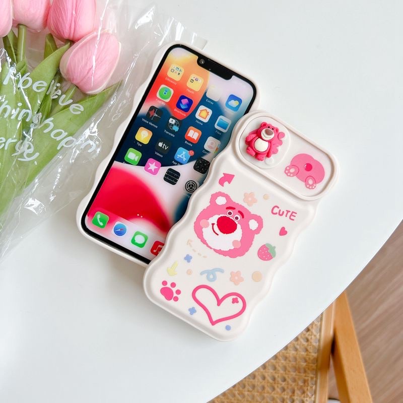 Ốp lưng iphone mềm dẻo viền mây có che camera hình gấu losto màu hồng cute quả dâu trái tim dễ thương đáng iu