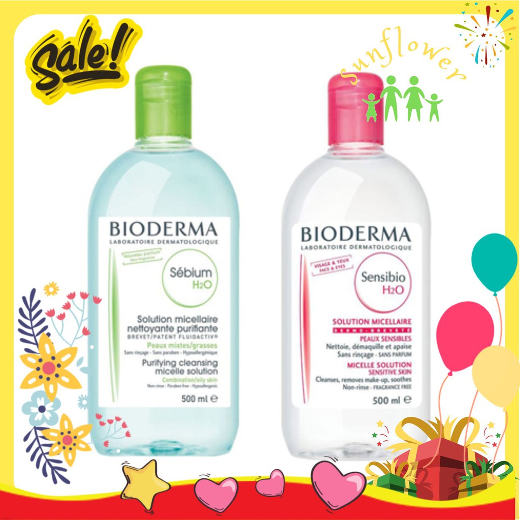 Nước tẩy trang Bioderma 500ml xanh dành cho da dầu, hồng cho da nhạy cảm