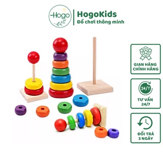 Đồ chơi gỗ Tháp xếp khối vòng gỗ 7 sắc cầu vồng vào trụ phát triển trí tuệ thông minh quan sát tư duy Logic