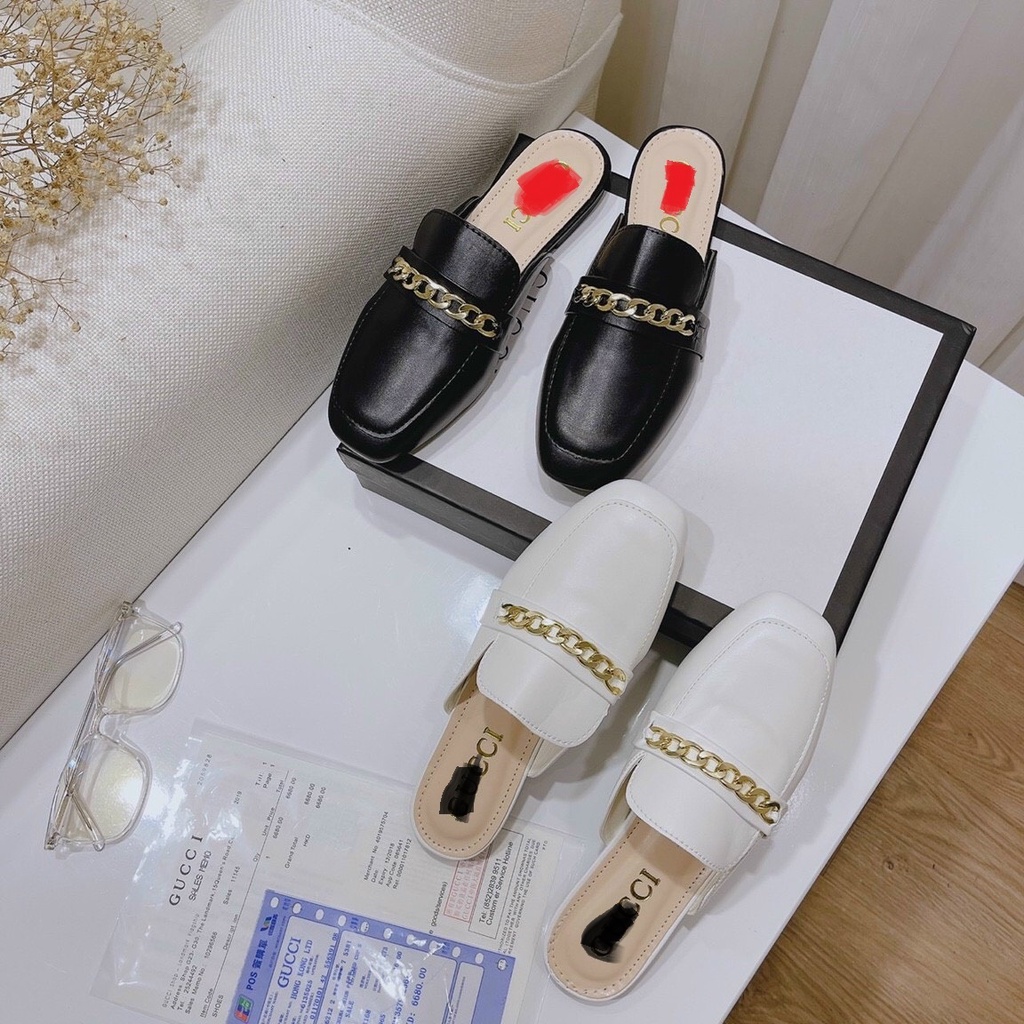 HÀNG SẴN Dép nữ- sục nữ mũi vuông mix xích vàng 2 màu đen trắng phong cách