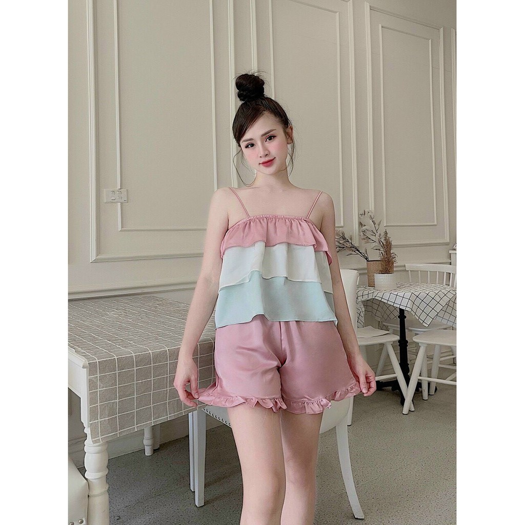 Set Đồ Ngủ Xinh Mới Về - Set Bộ Đùi Áo 2 Dây Xếp Tầng Bèo Xinh - Thời Trang Dressery Store