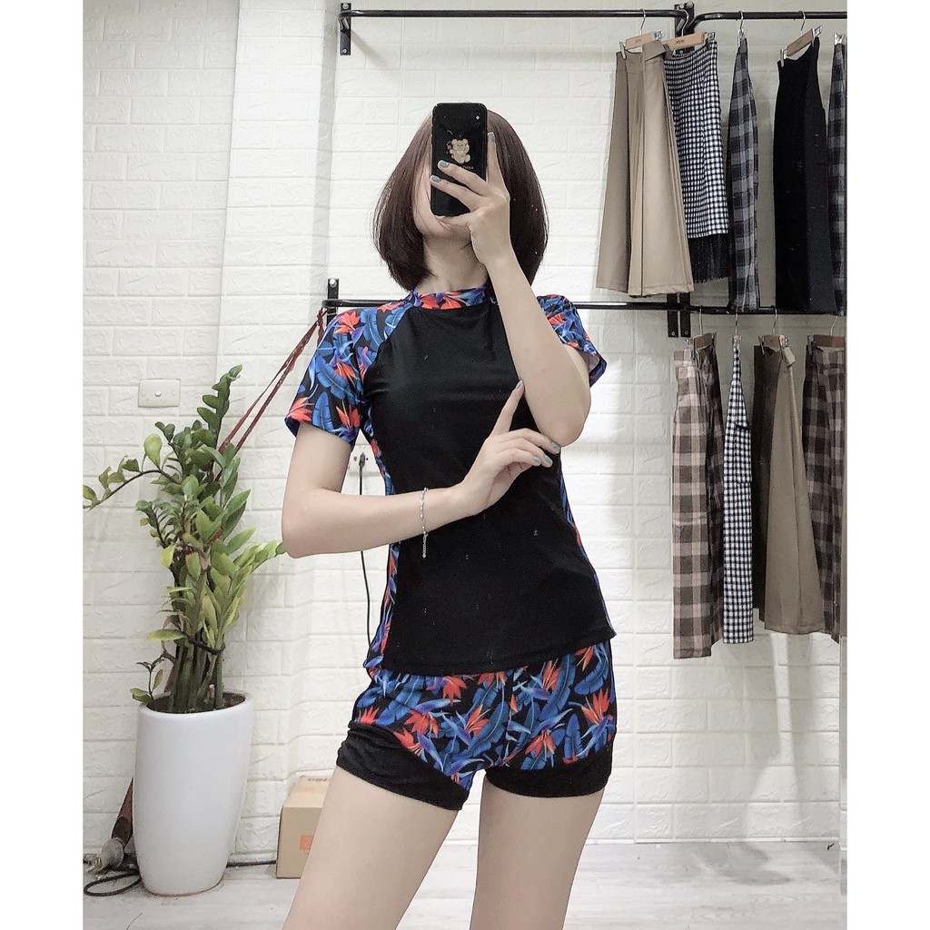 Bikini đồ bơi cộc tay kín bụng họa tiết hoa lá quần đùi mặc đi biển đi bơi đẹp
