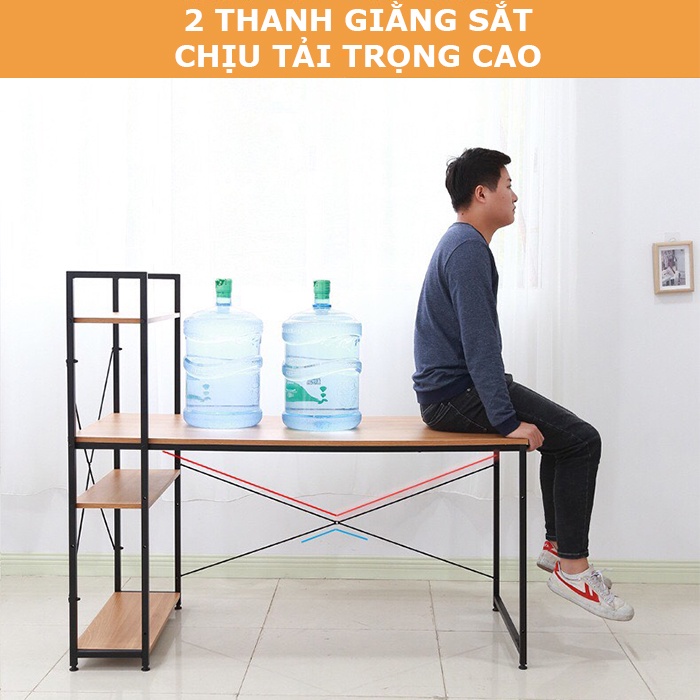 Bàn làm việc học tập kiểu hàn chữ H phối kệ sách đa năng, có 2 thanh giằng sắt ngang rất chắc chắn