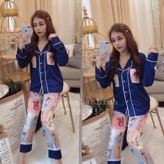 BỘ NGỦ LỤA SATIN DÀI TAY HÌNH CÔ GÁI