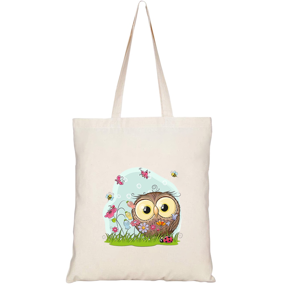 Túi vải tote canvas HTFashion in hình cute cartoon owl on meadow HT540