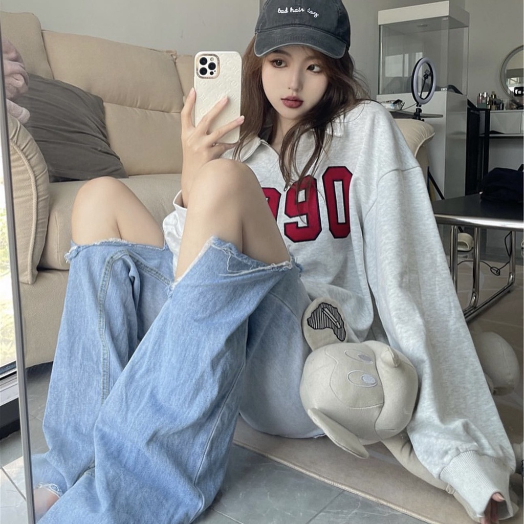 Áo sweater có cổ 1990 nam nữ unisex chất liệu nỉ bông phong cách Hàn Quốc