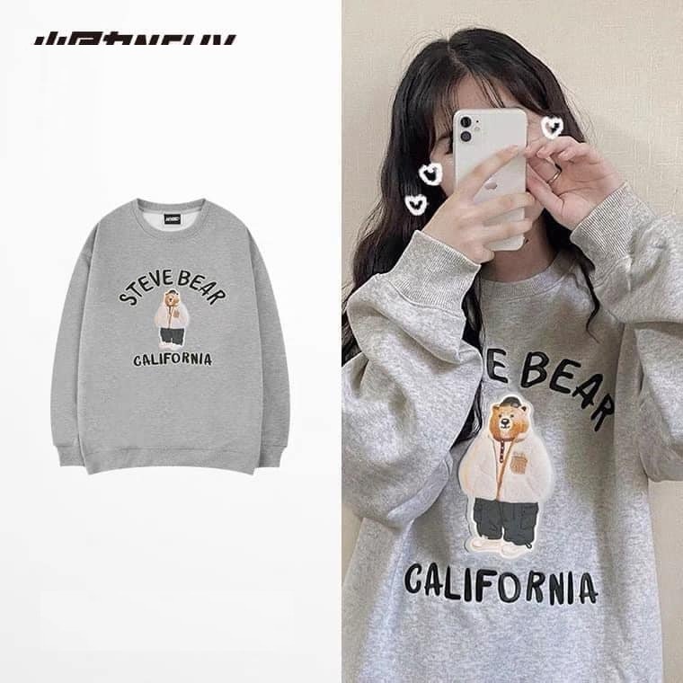 Áo Sweater Nỉ Ngoại Steve Bear Xám Unisex - Thun kiểu form rộng tay bồng kiểu dáng dễ thương hàn quốc