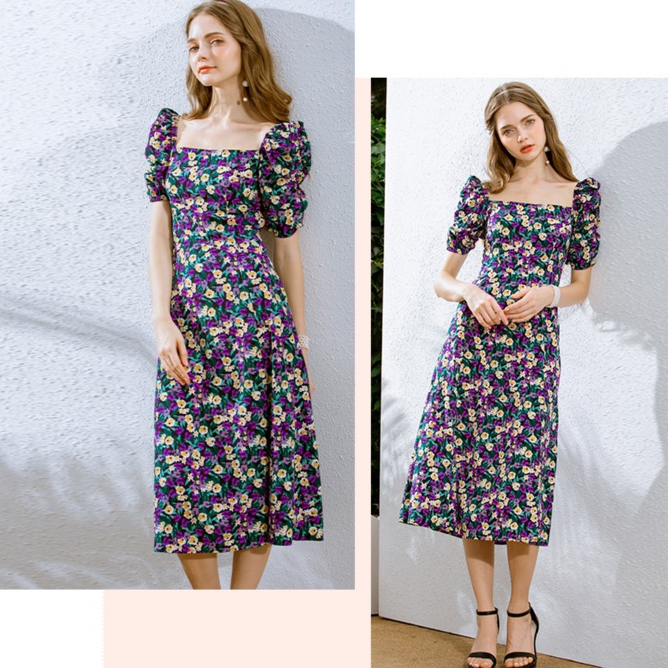 [Kèm Video SP] Váy Nữ Cao Cấp Hoa Nhí Cổ Vuông Tay Bồng Sẻ Đùi Kiểu Dáng Hiện Đại Thời Trang Sugal VAY NU 0026V3