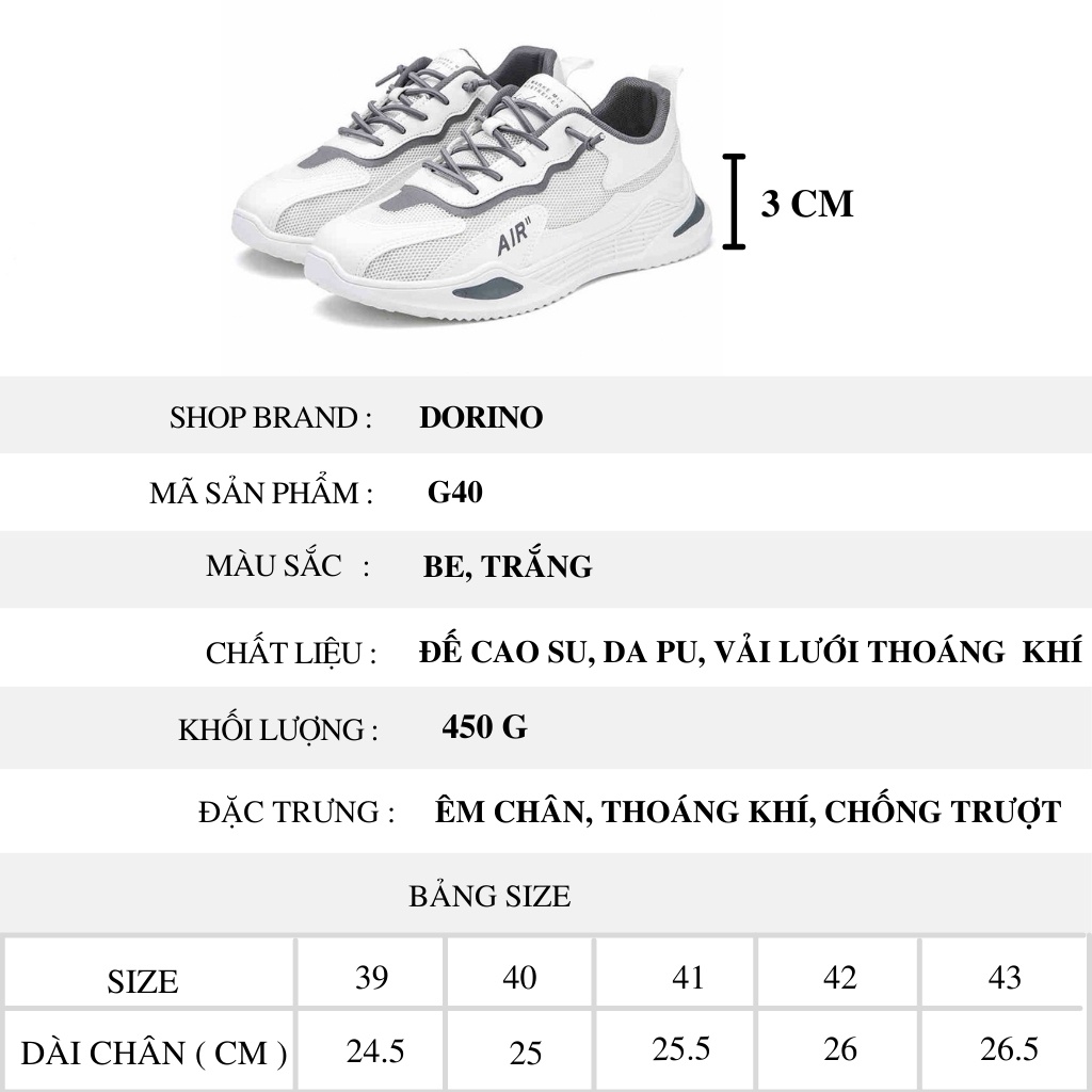 Giày sneaker nam thoáng khí cổ thấp cao cấp đế cao buộc dây đi học công sở  size 39 đến 43 DORINO G40