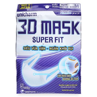 Khẩu Trang Ngăn Khói Bụi Unicharm 3D Mask Super Fit Size M Gói 5 Cái