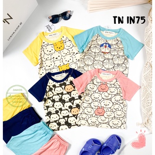 TNIN75 Bộ Tay Ngắn Quần Đùi Minky Áo in Mặt Hoạt Hình Tay Raglan Cho Bé 8kg đến 25kg