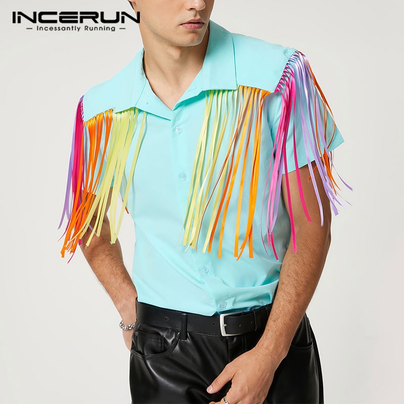Áo sơ mi INCERUN ngắn tay tua rua nhiều màu thời trang cho nam