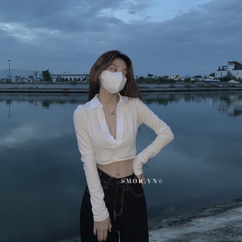 [ ẢNH THẬT ĐỘC QUYỀN SMOR.VN ] Áo croptop tay dài cổ V