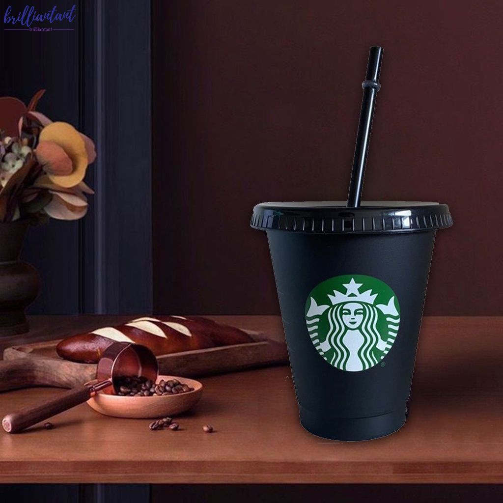 Ly Uống Nước Starbucks Bằng Nhựa Màu Đen Có Nắp Và Ống Hút 24 Oz / 16 Oz