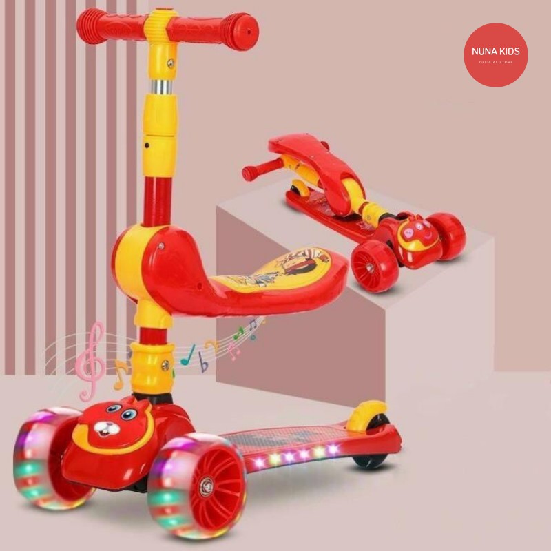 Xe trượt scooter cho bé, Xe trượt scooter 3 bánh phát sáng, 2 chế độ đứng và ngồi, có nhạc và ghế ngồi xoay