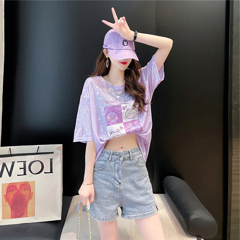 Áo Thun Lụa Lạnh Mỏng Dáng Rộng Tay Ngắn Thời Trang Mùa Hè Mới Cho Nữ