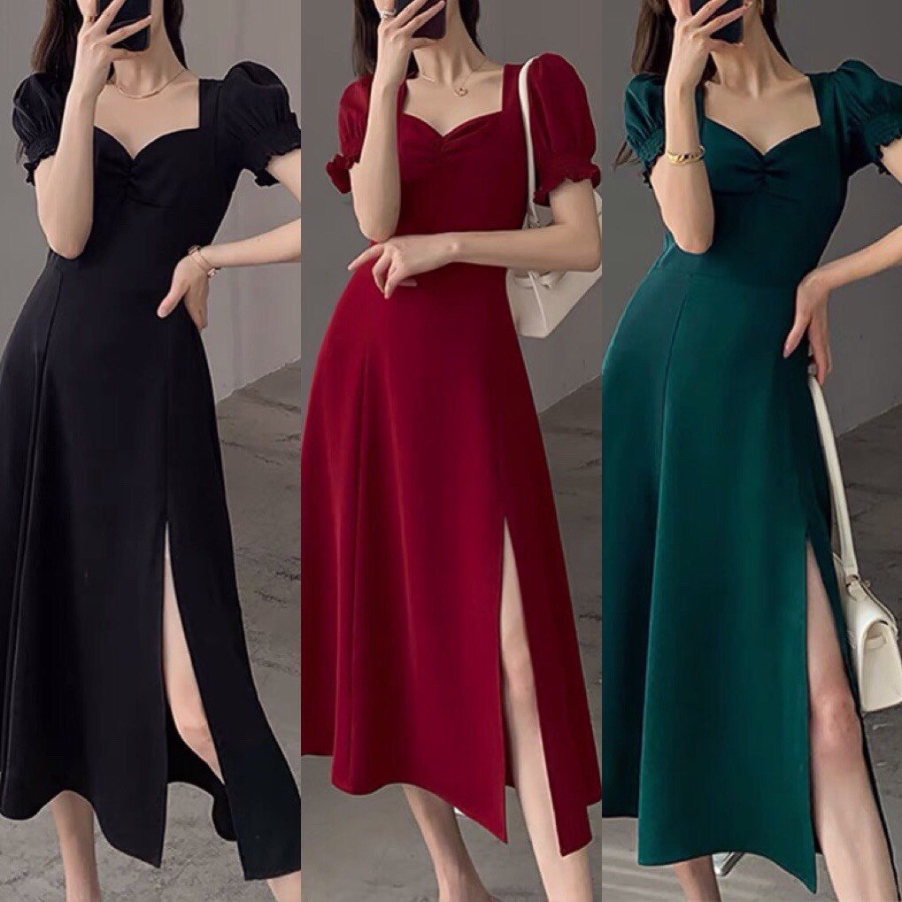 Đầm Maxi Đi Biển ❤️FREESHIP❤️ Dáng Dài Xẻ Tà Tay Ngắn Bo Thun Nhún Ngực