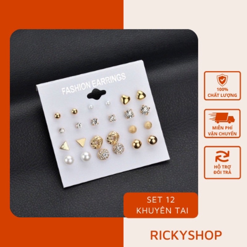 Set 12 set hoa tai đính đá sang trọng Set hoa tai nụ 12 đôi.