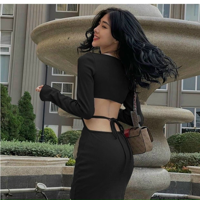 Đầm Gân Tay Dài Cổ V Khoét Lưng Cột Eo